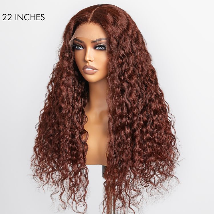 Casual Reddish Brown Curly 5x5 Closure Lace Glueless Mid Part Long Curly Wig 100% Human Hair