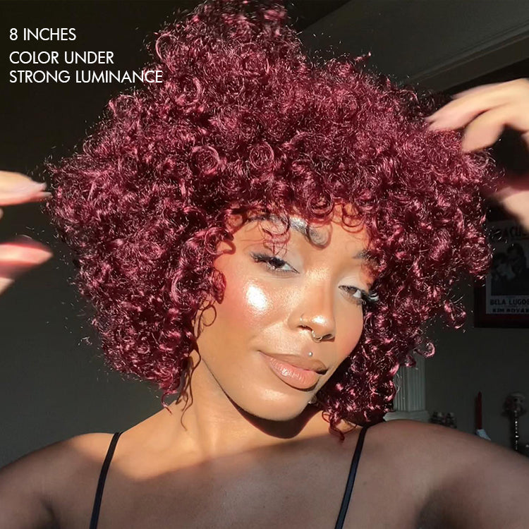 Beginner Friendly Dark Red Water Wave Glueless Minimalist Lace Wig with Bangs