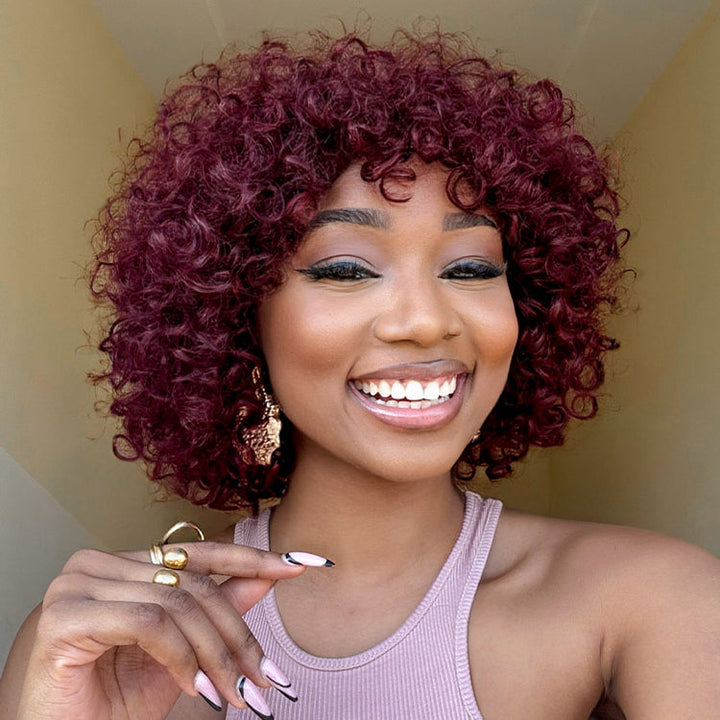 Beginner Friendly Dark Red Water Wave Glueless Minimalist Lace Wig with Bangs