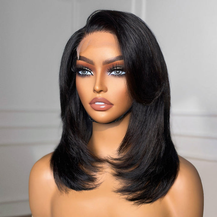 Shaggy Layered Cut Glueless 4x4 Closure Wig with Side-swept Bangs 100% Human Hair