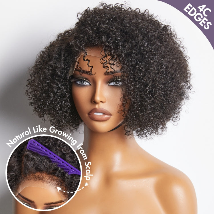 4C Edges | Kinky Edges Jerry Curly 5x5 Closure Lace Glueless Side Part Short Wig 100% Human Hair