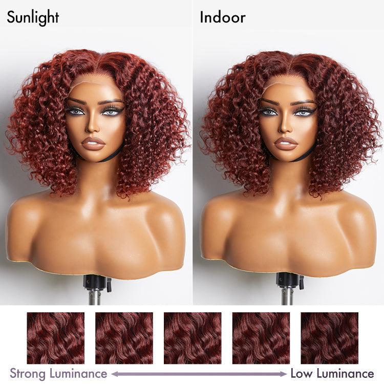 Dark Reddish Brown Water Wave Glueless 5x5 Closure Lace Short Curly Wig