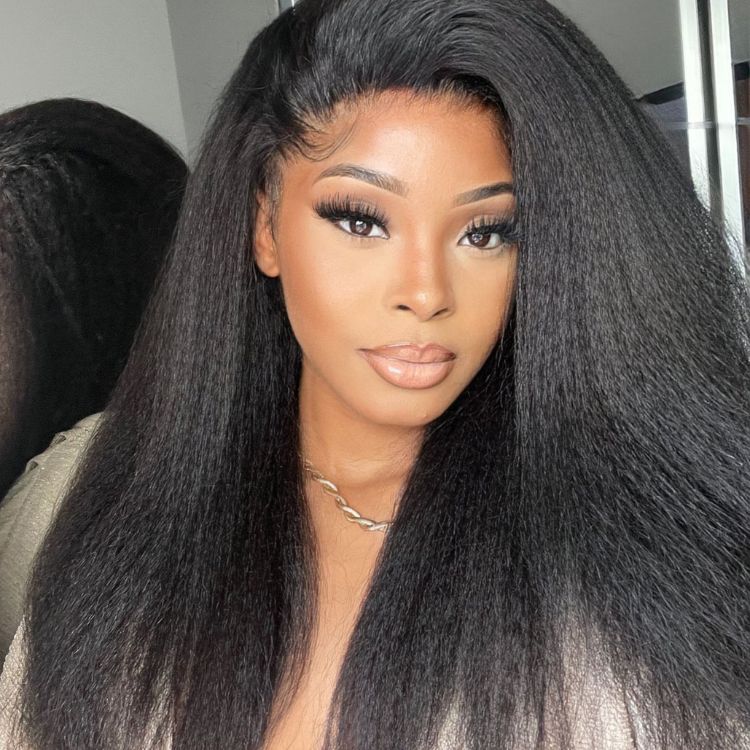 Natural Kinky Straight Glueless 5x5 Closure / 13x4 Frontal HD Lace Long Wig 100% Human Hair