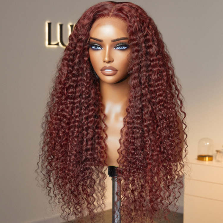 Dark Reddish Brown Fluffy Deep Wave Glueless 5x5 Closure Lace Wig