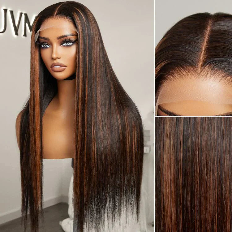 Elegant Copper Ombre Highlights Loose Body Wave / Silky Straight Glueless 5x5 Closure Lace Wig Breathable Cap