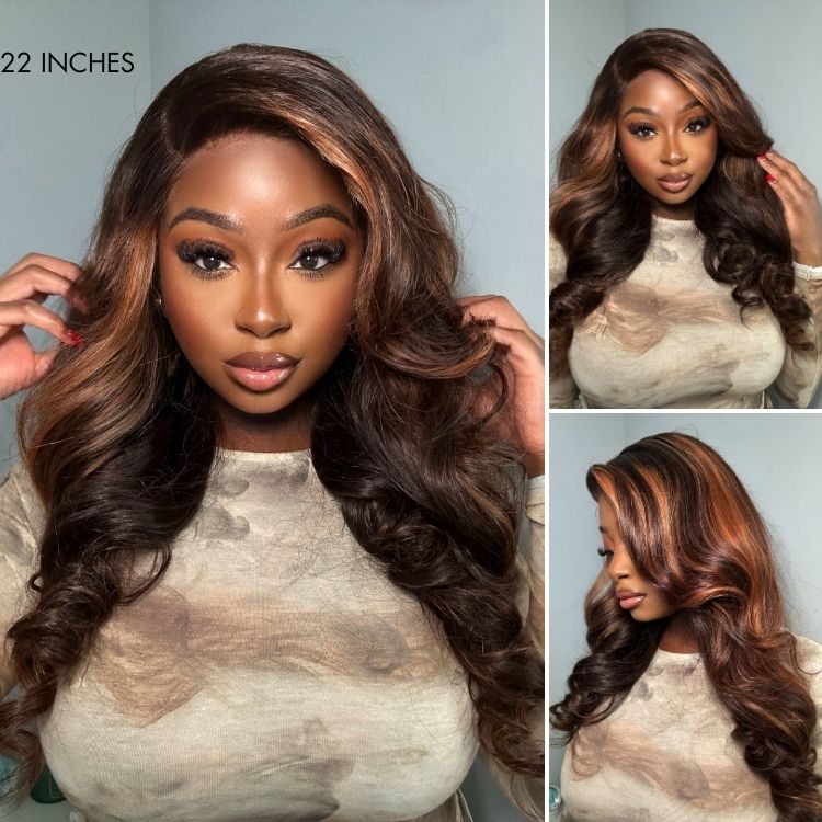 Elegant Copper Ombre Highlights Loose Body Wave / Silky Straight Glueless 5x5 Closure Lace Wig Breathable Cap