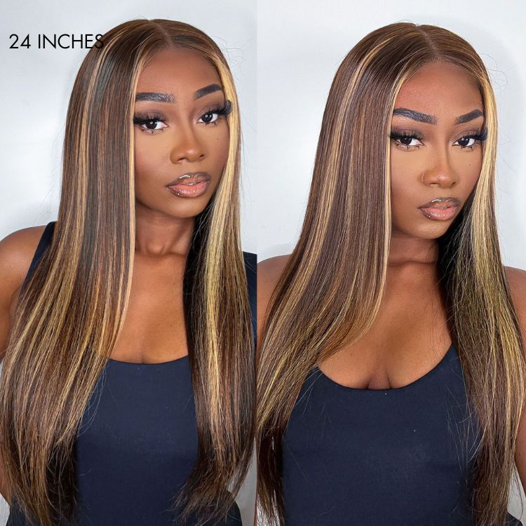 Honey Blonde Highlight Silky Straight Glueless 5x5 Closure HD Transparent Lace Long Wig