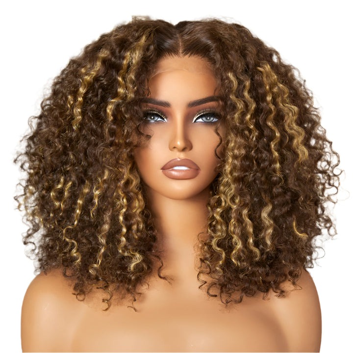 1 SEC INSTALL WIG | Honey Blonde Highlight Kinky Curly Glueless 5x5 Closure HD Lace Wig Breathable Cap