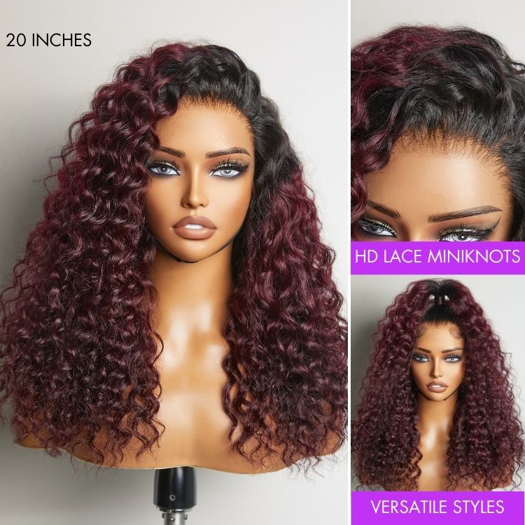 Pre-plucked Ombre Dark Burgundy 99J Water Wave Ear-to-ear Glueless 13x4 Frontal HD Lace Wig