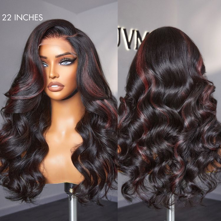 Dark Red Highlights C Part Loose Wave  Glueless 5x5 Closure Lace Wig Ready to Go