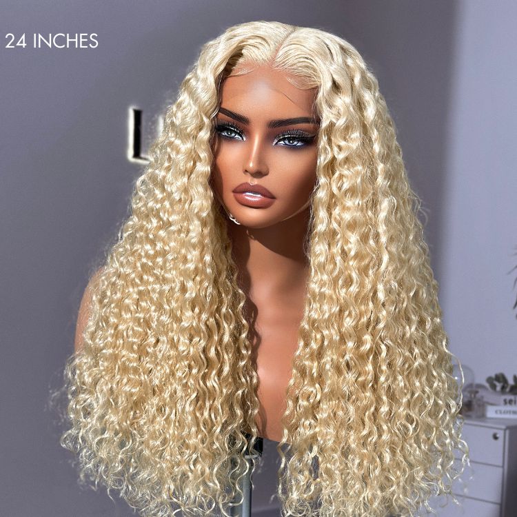 613 Blonde Water Wave Glueless 5x5 Closure Invisible HD Lace Long Blonde Curly Wig 100% Human Hair