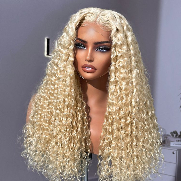 613 Blonde Water Wave Glueless 5x5 Closure Invisible HD Lace Long Blonde Curly Wig 100% Human Hair