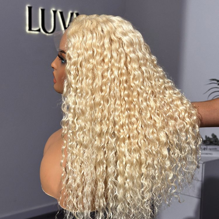 613 Blonde Water Wave Glueless 5x5 Closure Invisible HD Lace Long Blonde Curly Wig 100% Human Hair