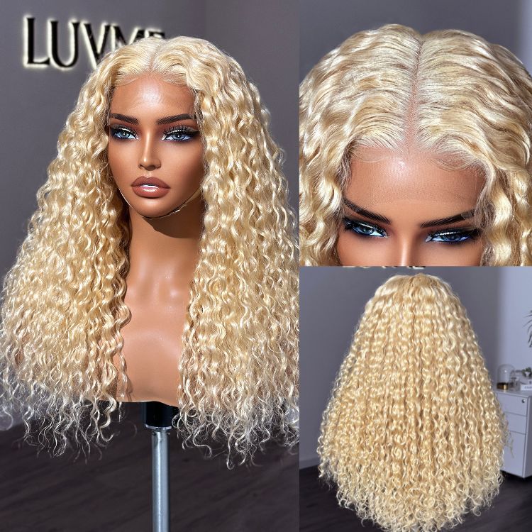 613 Blonde Water Wave Glueless 5x5 Closure Invisible HD Lace Long Blonde Curly Wig 100% Human Hair