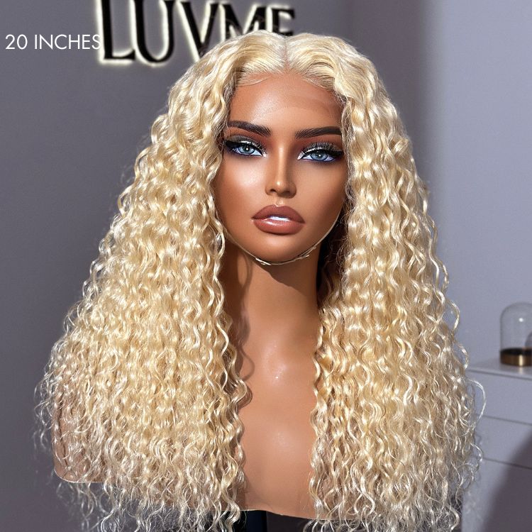 613 Blonde Water Wave Glueless 5x5 Closure Invisible HD Lace Long Blonde Curly Wig 100% Human Hair