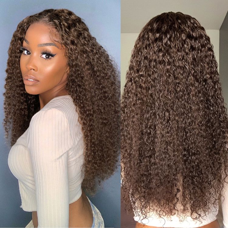 Chocolate Brown Long Curly Glueless 5x5 Closure Long Wig 100% Human Hair