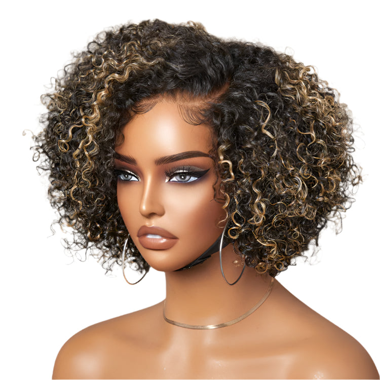 1 SEC INSTALL WIG | Honey Blonde Highlight Kinky Curly Glueless Minimalist HD Lace Classic Short Wig