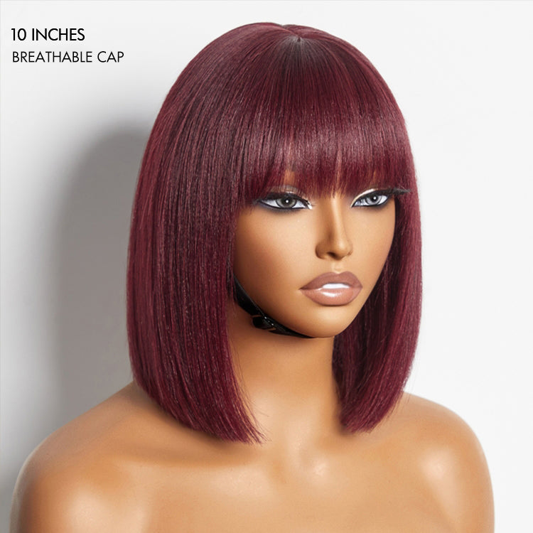 Put On and Go Realistic Glueless Yaki Straight Bob with Bangs Minimalist Lace Wig 100% Human Hair