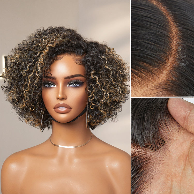 1 SEC INSTALL WIG | Honey Blonde Highlight Kinky Curly Glueless Minimalist HD Lace Classic Short Wig