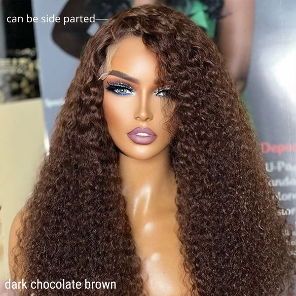 Chocolate Brown Long Curly Glueless 5x5 Closure Long Wig 100% Human Hair