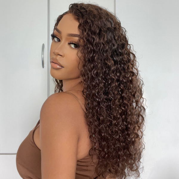 Brown Water Wave 5x5 Closure HD Lace Glueless Mid Part Long Wig 100% Human Hair