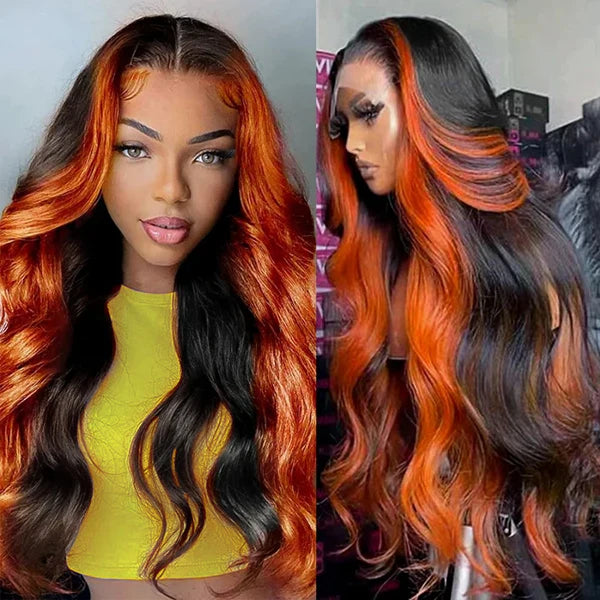 Bundles of Roses Ginger Black Colored Wigs 13x4 HD Glueless Human Hair Wig Highlighted Body Wave Wig Pre Plucked