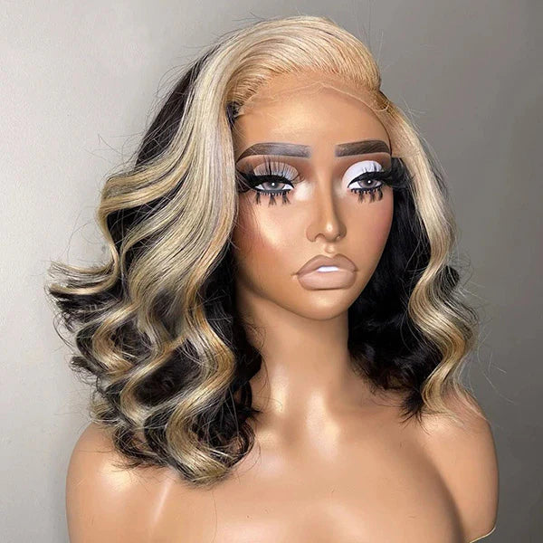 Bob Wigs Body Wave Lace Frontal Wig Blonde Skunk Stripe Hair Wig Pre Plucked