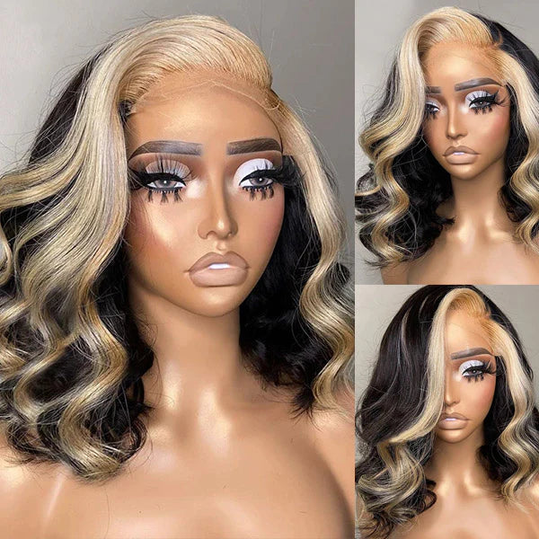 Bob Wigs Body Wave Lace Frontal Wig Blonde Skunk Stripe Hair Wig Pre Plucked