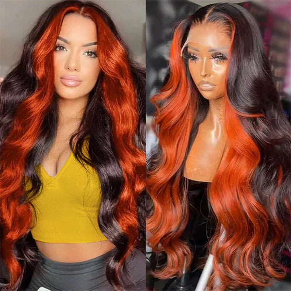 Bundles of Roses Ginger Black Colored Wigs 13x4 HD Glueless Human Hair Wig Highlighted Body Wave Wig Pre Plucked