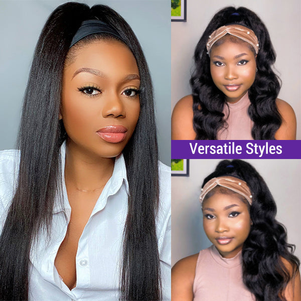 Put On & Go Glueless Kinky Straight Headband Long Wig 100% Human Hair (Get Free Trendy Headbands)