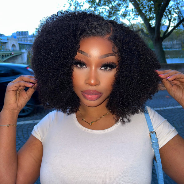 Afro Kinky Curly 5x5 Closure Lace Glueless S Part Shoulder Length Wig 100% Human Hair