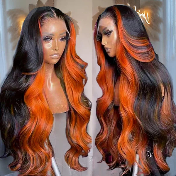 Bundles of Roses Ginger Black Colored Wigs 13x4 HD Glueless Human Hair Wig Highlighted Body Wave Wig Pre Plucked