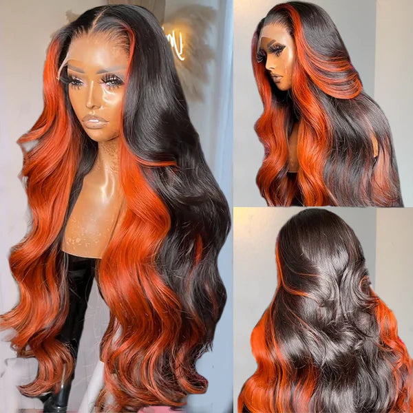 Bundles of Roses Ginger Black Colored Wigs 13x4 HD Glueless Human Hair Wig Highlighted Body Wave Wig Pre Plucked