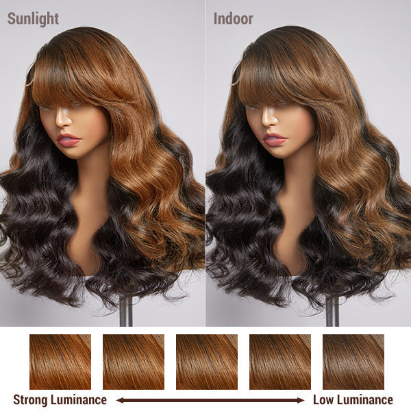 Brown Mix Black / Natural Black C Part Glueless Loose Wave 5x5 Closure Wig with Bangs 100% Human Hair