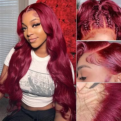 Bundles of Roses Lace Front Wig Human Hair with Baby Hair Pre Plucked Wine Red 13x4 Glueless Transparent HD Lace Frontal Human Hair Wigs 99J Lace Front Wig for Black Women 150% Density 18Inch