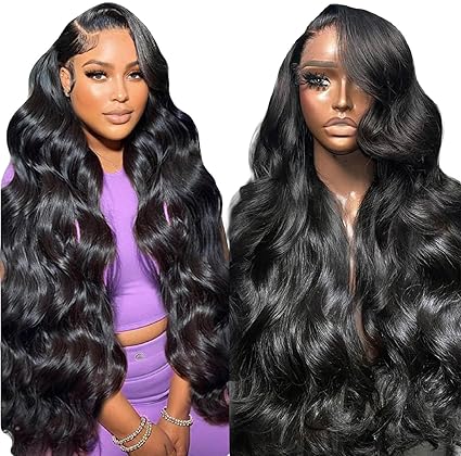 Bundles of Roses 28 Inch 13x6 Body Wave Lace Front Wigs Human Hair 13x6 HD Lace Glueless Human Hair Wig Pre Plucked Natural Hairline Brazilian Human Virgin Hair Long Black Body Wave Wig for Women 180% Density