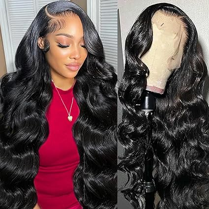 Bundles of Roses 28 Inch 13x6 Body Wave Lace Front Wigs Human Hair 13x6 HD Lace Glueless Human Hair Wig Pre Plucked Natural Hairline Brazilian Human Virgin Hair Long Black Body Wave Wig for Women 180% Density