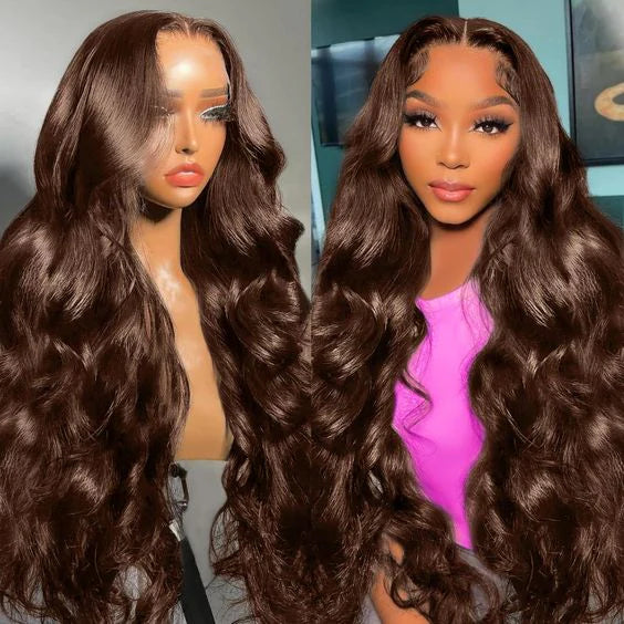 Bundles of Roses Brown Wig Body Wave Lace Frontal Wigs 4# Chocolate Brown Colored Human Hair Wigs