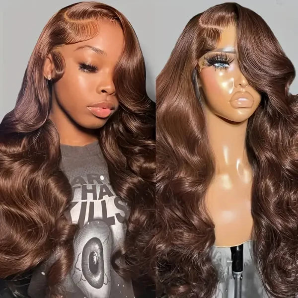 Bundles of Roses Brown Wig Body Wave Lace Frontal Wigs 4# Chocolate Brown Colored Human Hair Wigs