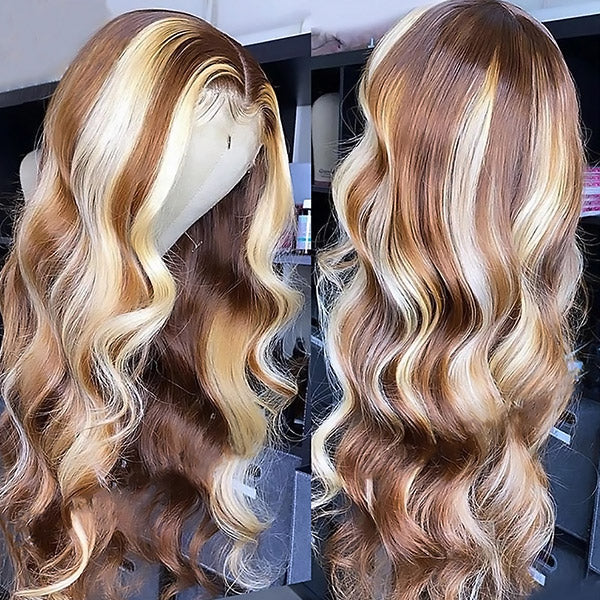 Brown Wig With Blonde Highlights P4/613 Colored Wigs 13x4 HD Lace Front Wigs Long Body Wave Human Hair