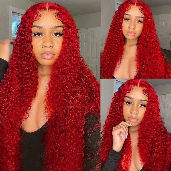 Bundles of Roses Red Color Lace Front Wigs Kinky Curly Lace Frontal Wig Pre Plucked Human Hair Wig With Natural Baby Hair