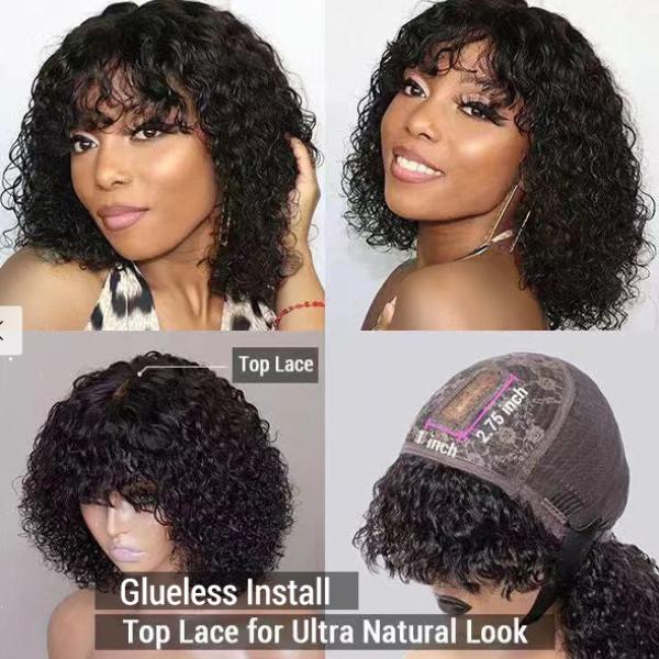 Beginner Friendly Water Wave Minimalist Lace Glueless Short Wig with Bangs 100% Human Hair